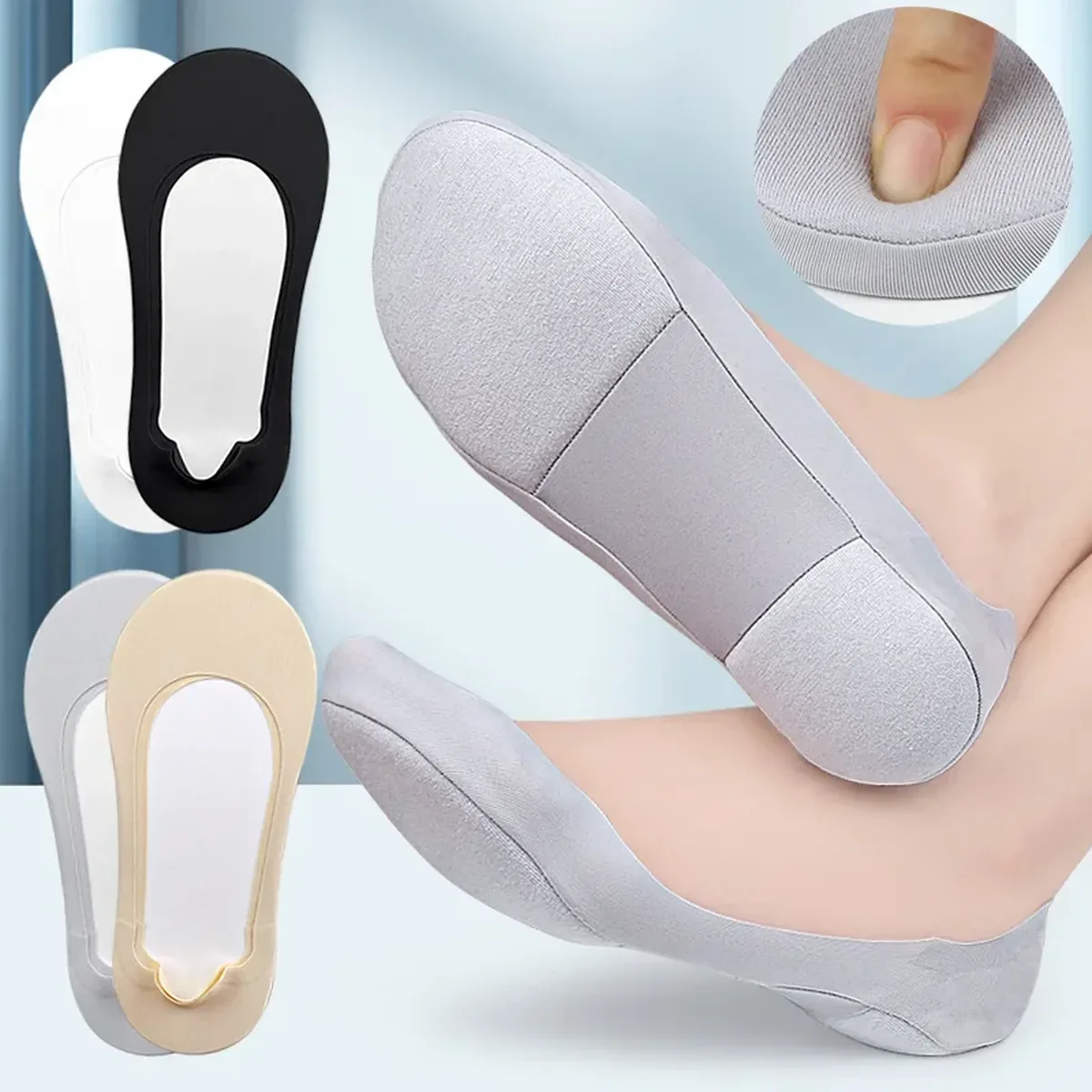 Calcetines invisibles acolchados en blanco, negro, gris y beige
