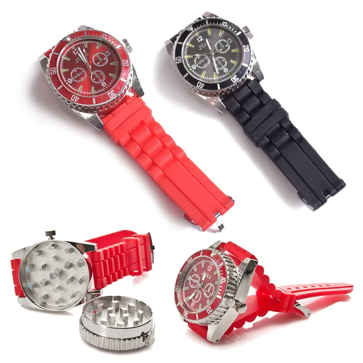 Grinder reloj rojo y negro abiertos y cerrados