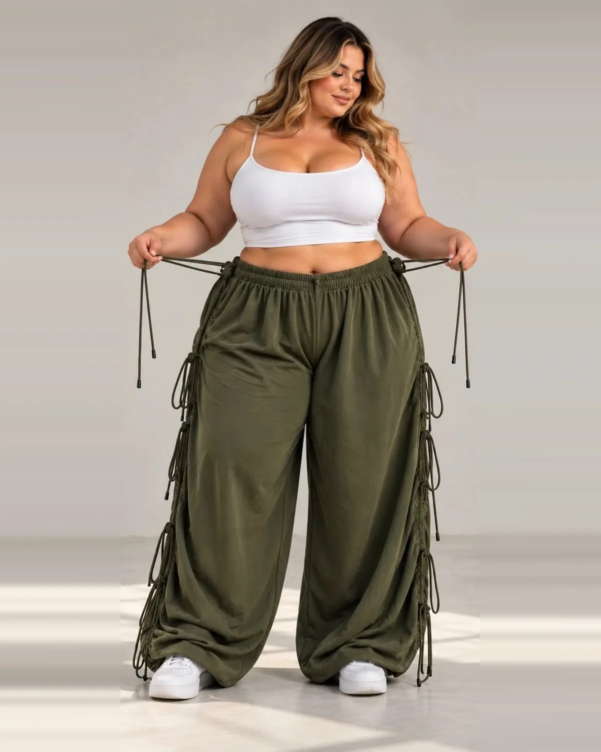Modelo curvy con el pantalón oversize verde oliva de frente