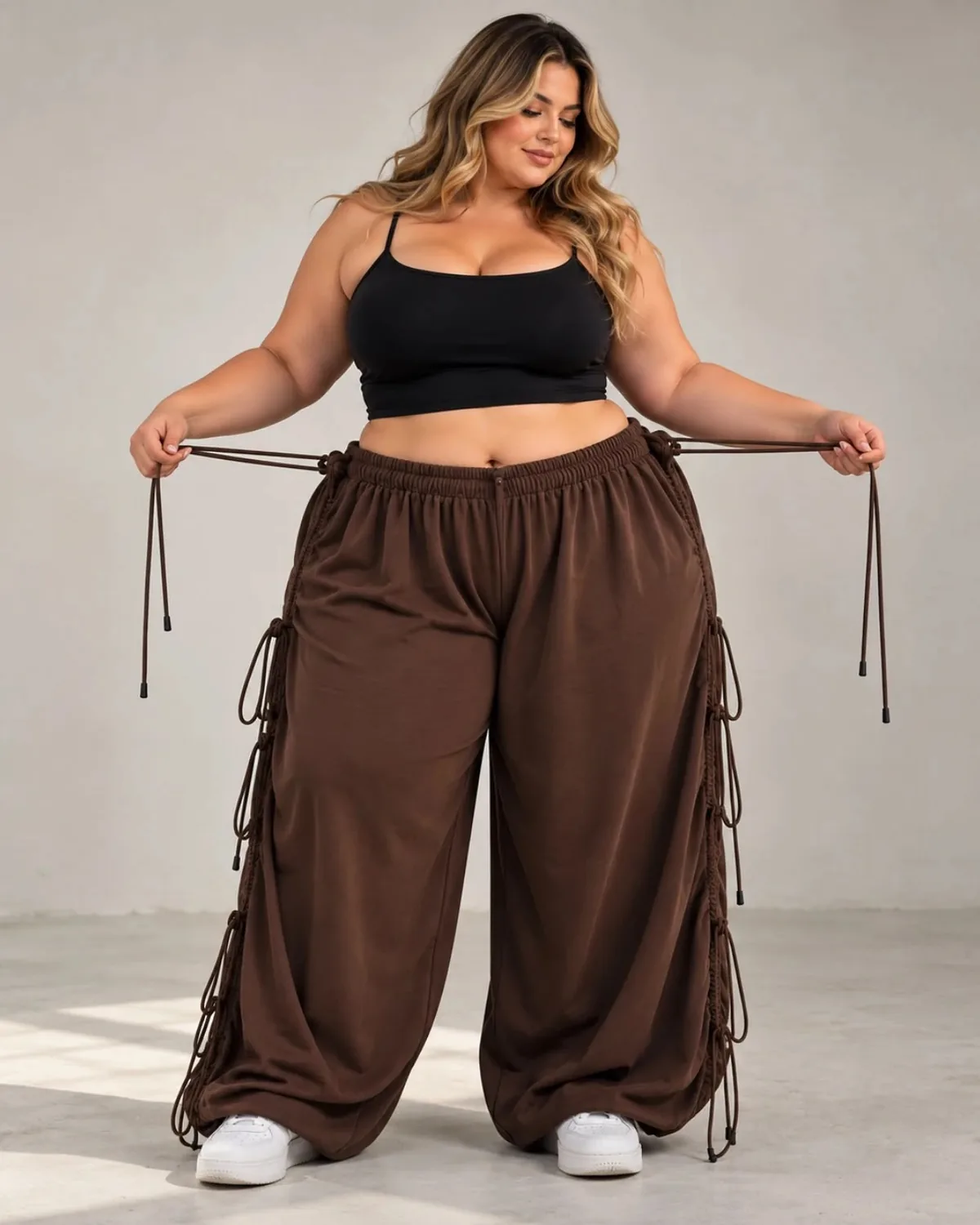 Modelo curvy con el pantalón oversize chocolate y top negro