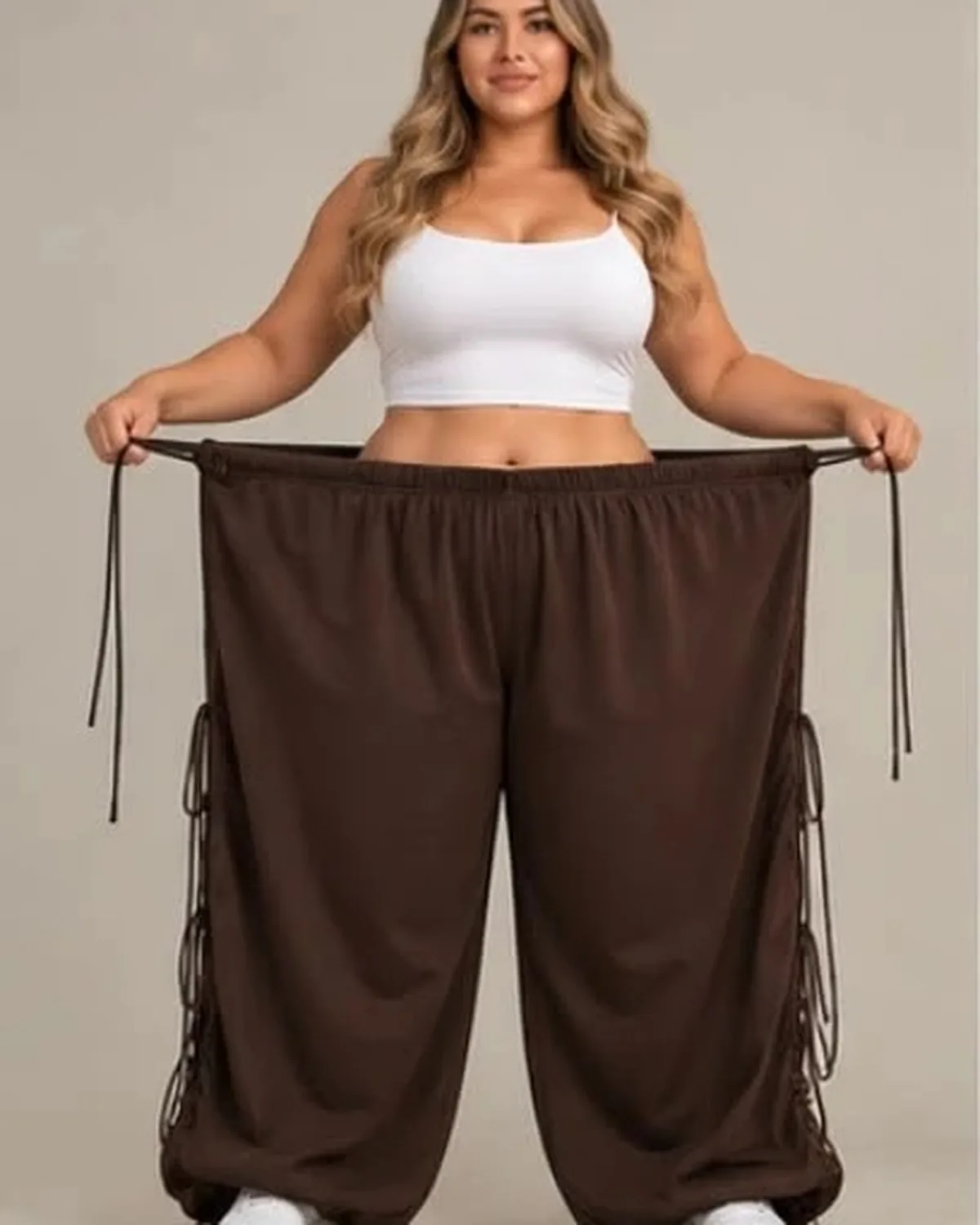 Modelo curvy estirando la cintura elástica del pantalón chocolate