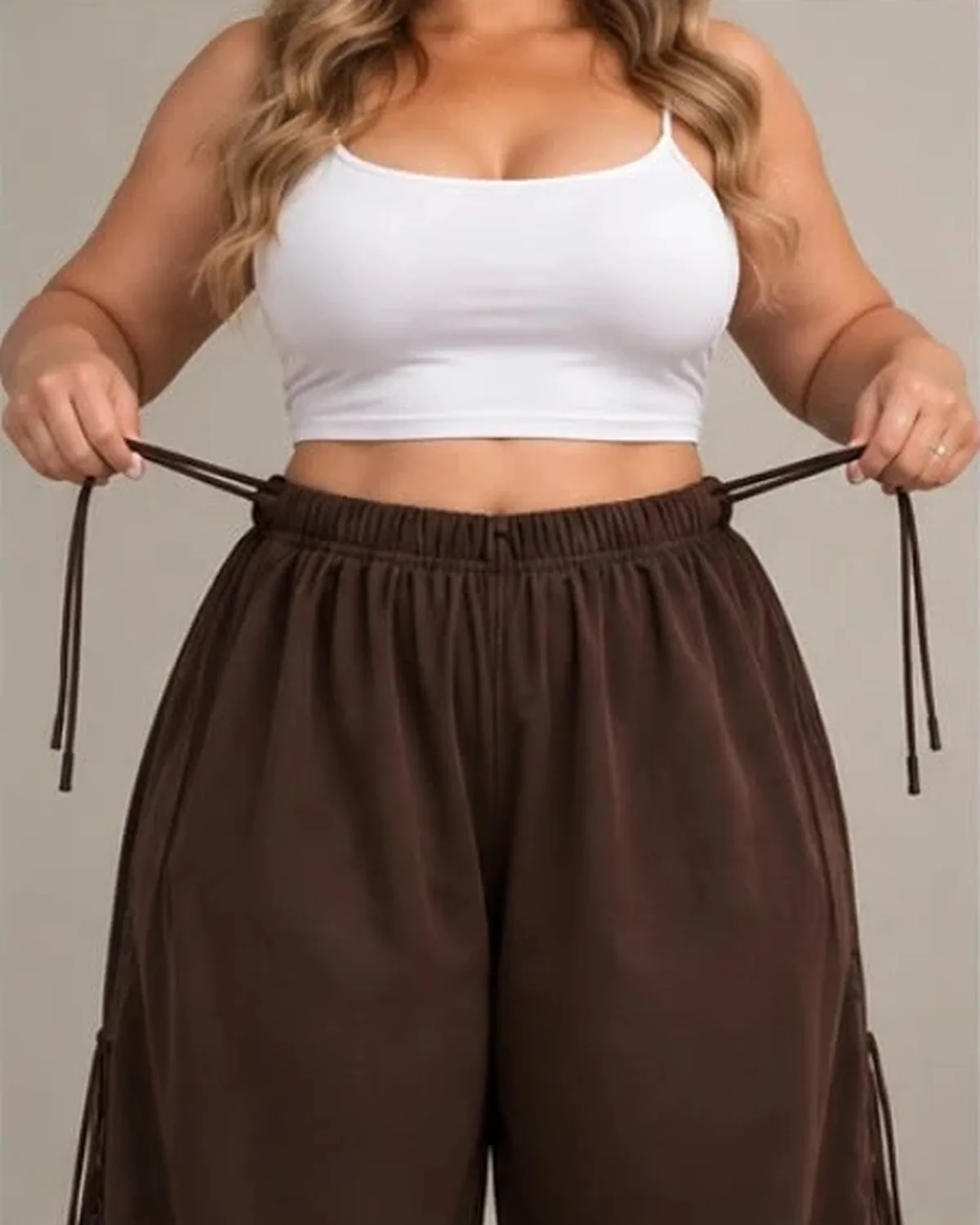 Detalle de la cintura con cordones en modelo curvy