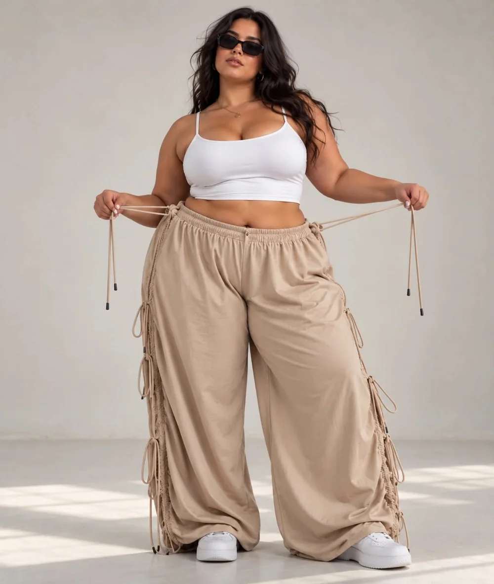 Modelo curvy con pantalón camel