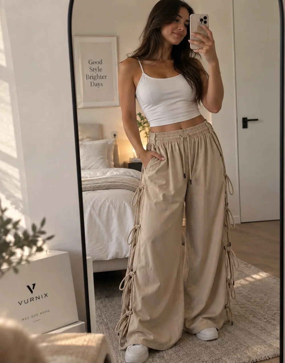 Outfit with camel pants and a white top