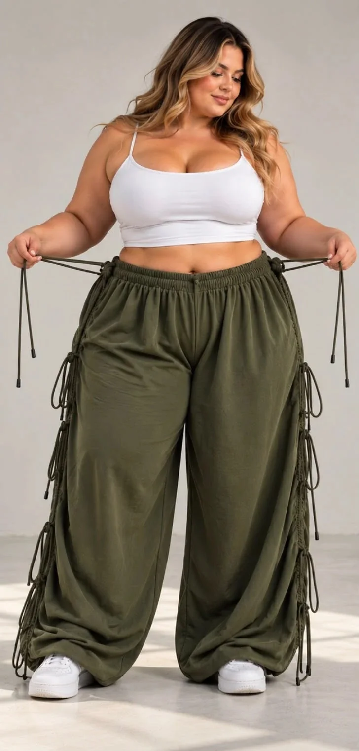 Modelo curvy con pantalón oliva de frente