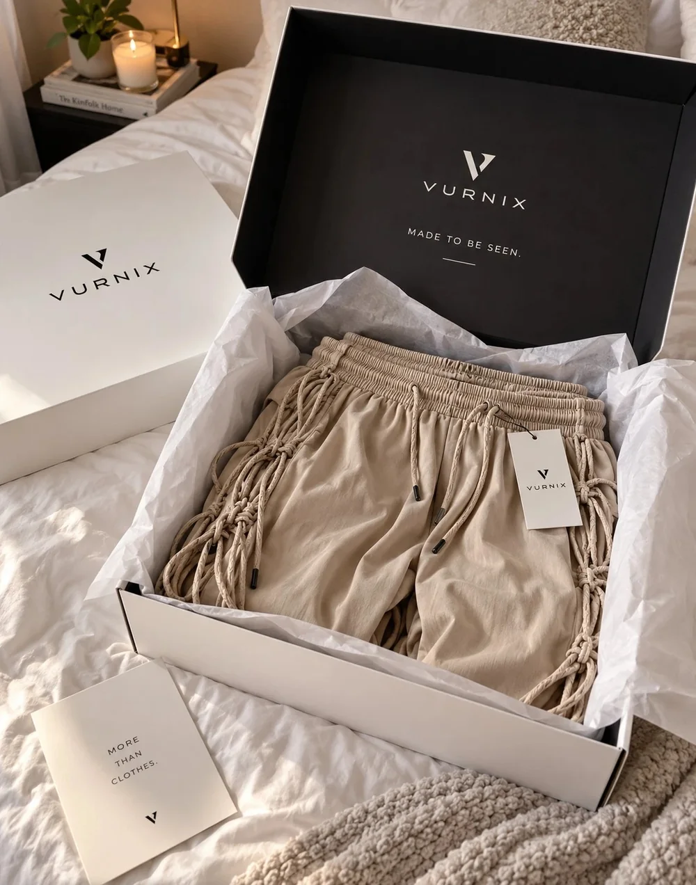 Open VURNIX box with the camel pants wrapped in tissue paper