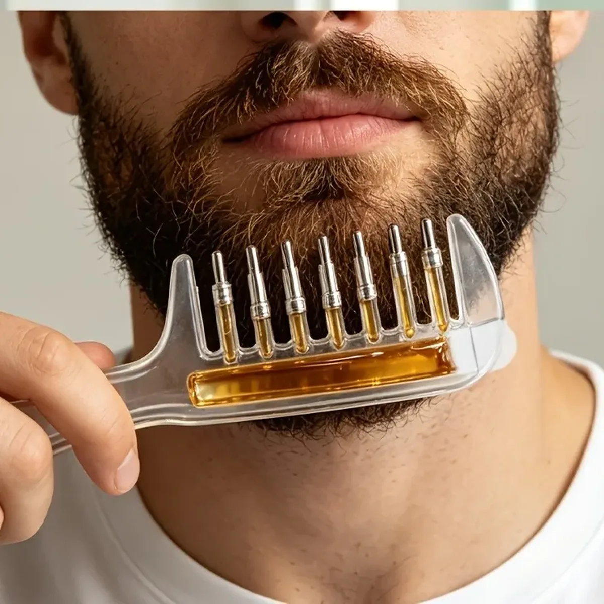 Hombre aplicando aceite de barba con el peine dosificador